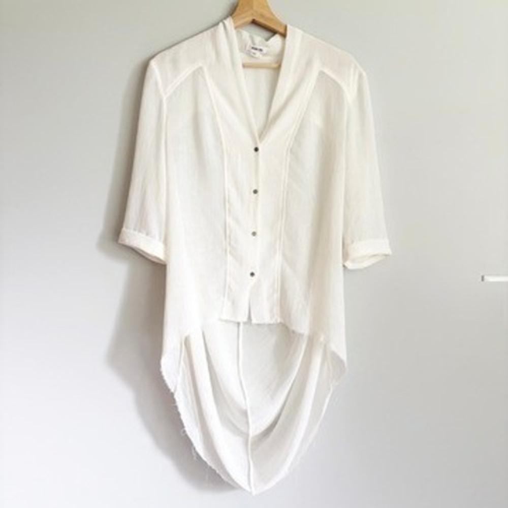 Helmut Lang White Gauze Button Down Blouse Large Semi Sheer V-Neck High Low Hem